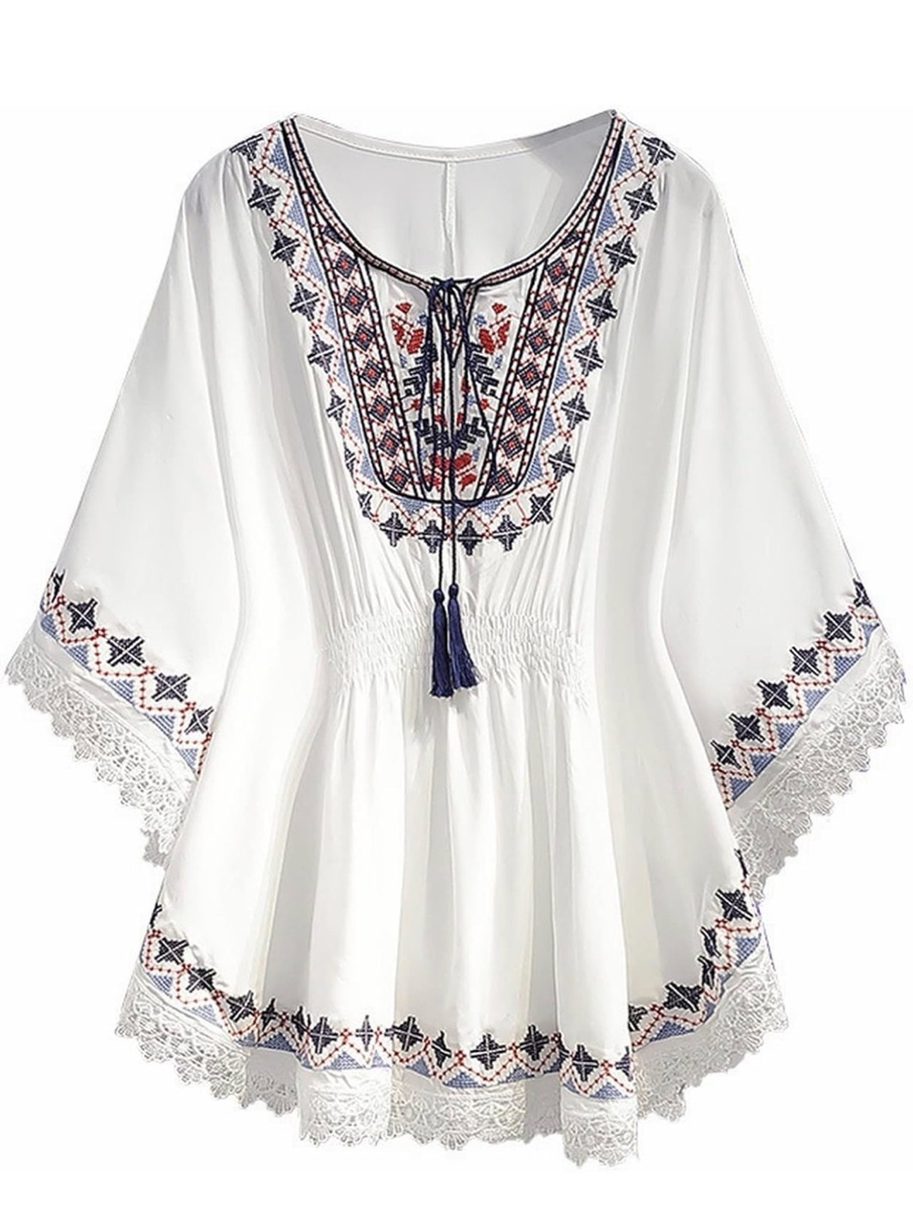 Blouse Women Vintage Lace Patchwork Bow V-Neck Embroidery Summer Three Quarter
